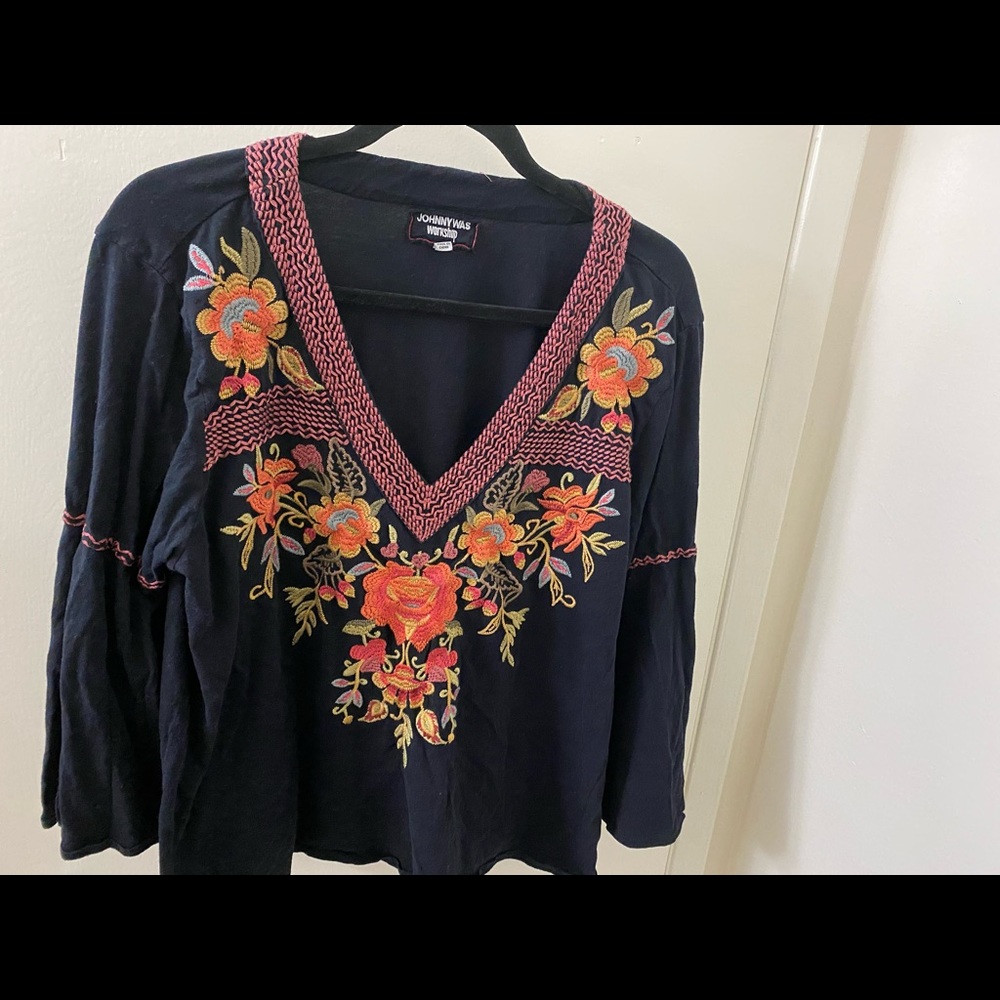 Johnny Was Long-sleeve Tshirt, Black, Embroidered, 100% cotton, V neck